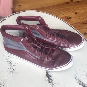 Vans burgundy leather high tops with mesh vents on sides